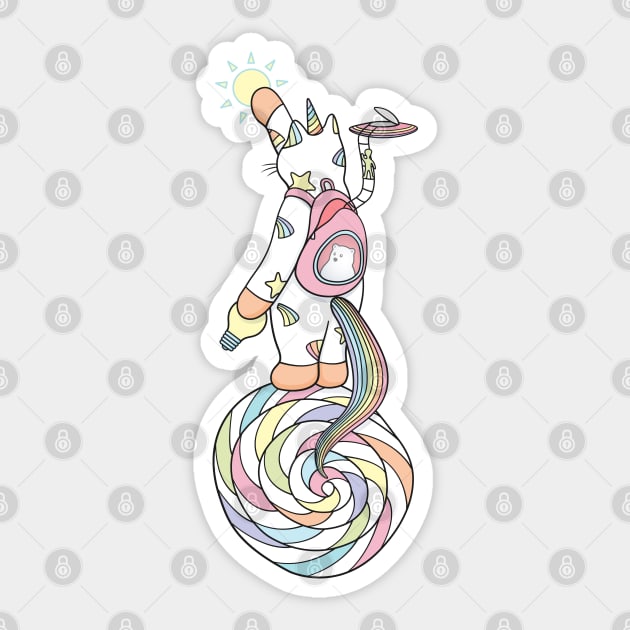 Weird Unicorn Cat busy maintaining the universe Sticker by runcatrun